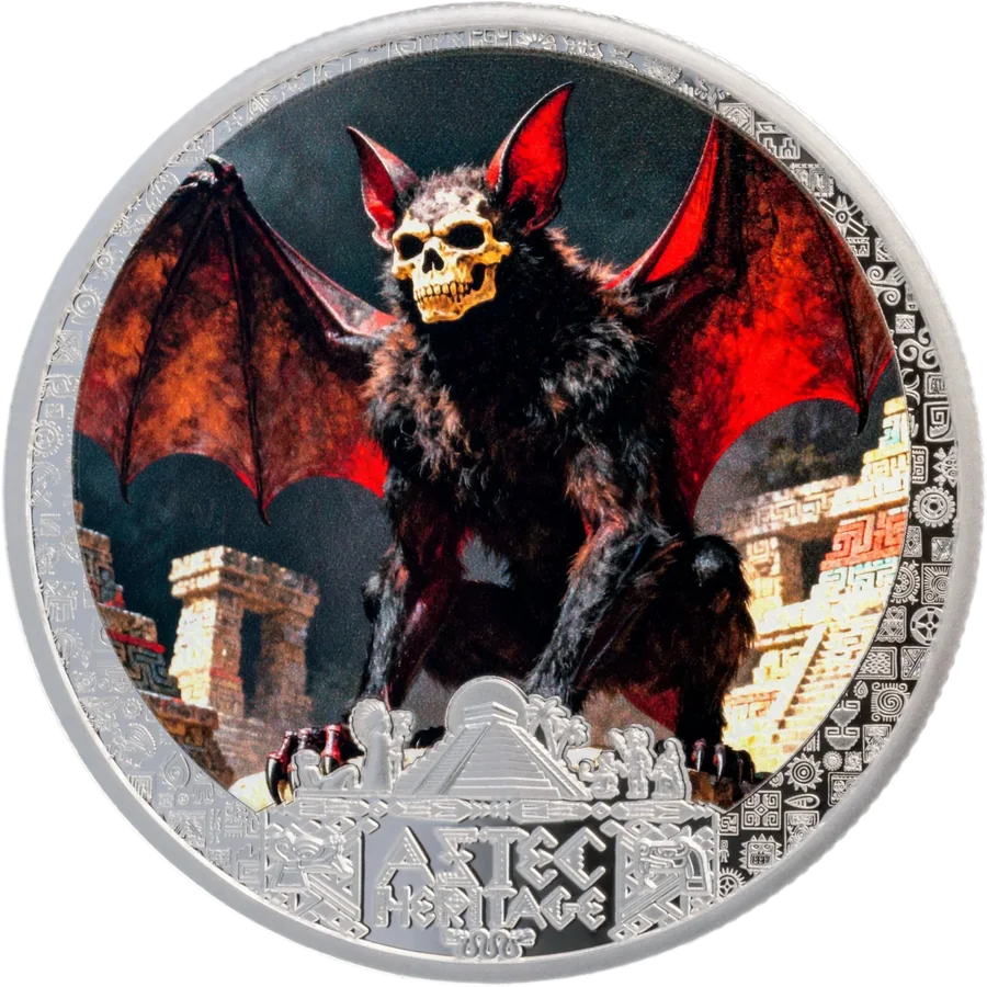Camazotz coin: a winged bat deity with a skull face against red light