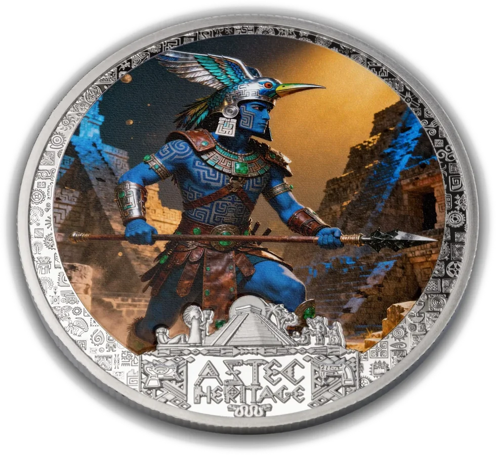 Huitzilopochtli coin: a blue warrior god with a hummingbird helmet and spear