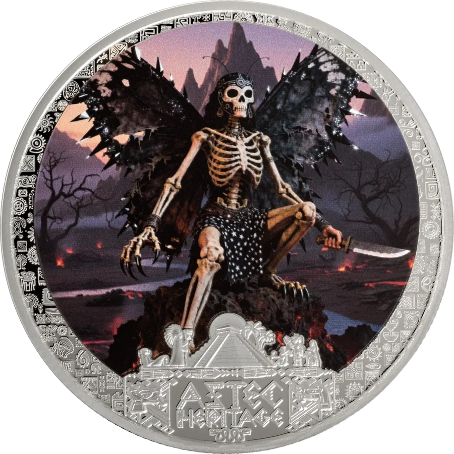 Itzpapalotl coin: a skeletal obsidian butterfly goddess with a blade