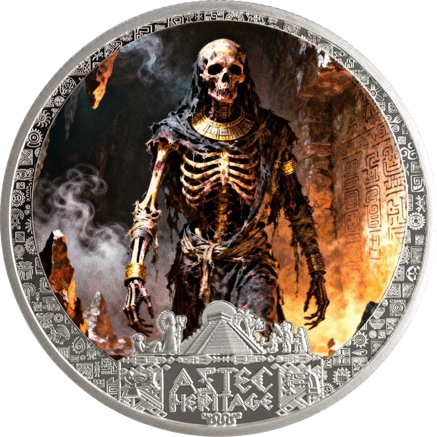Mictlantecutli coin: the skeletal god of death standing in firelight and smoke