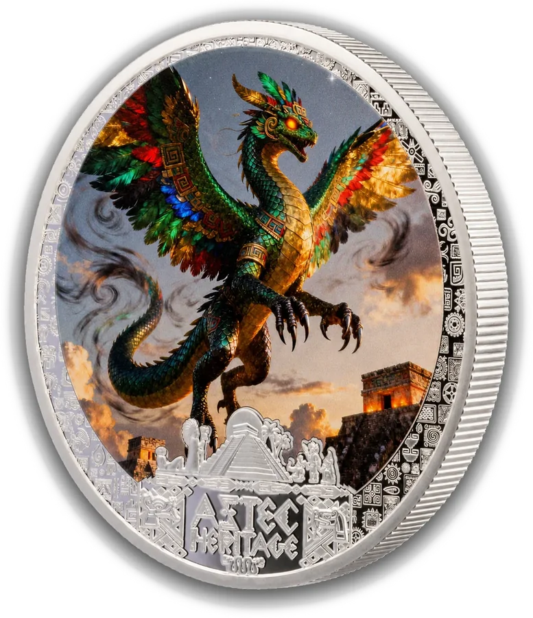 Quetzalcoatl coin: a feathered serpent in green and gold above a stone temple