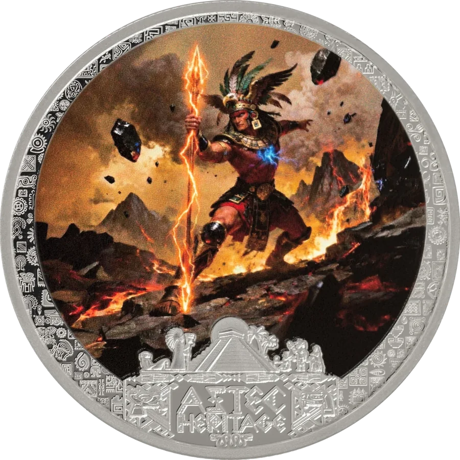 Tezcatlipoca coin: a warrior raising a flaming spear over a volcanic landscape