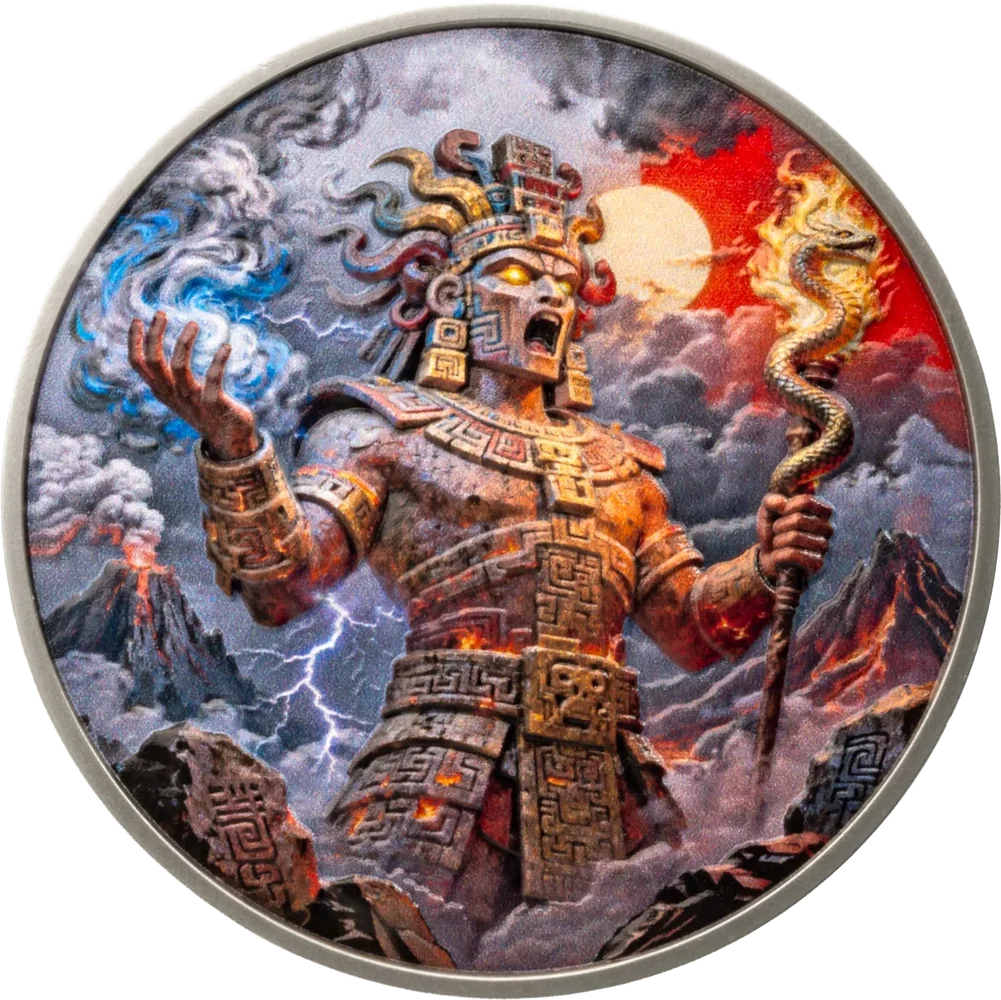 Xiuhtecuhtli coin in ultra high relief: the fire god with serpents and lightning
