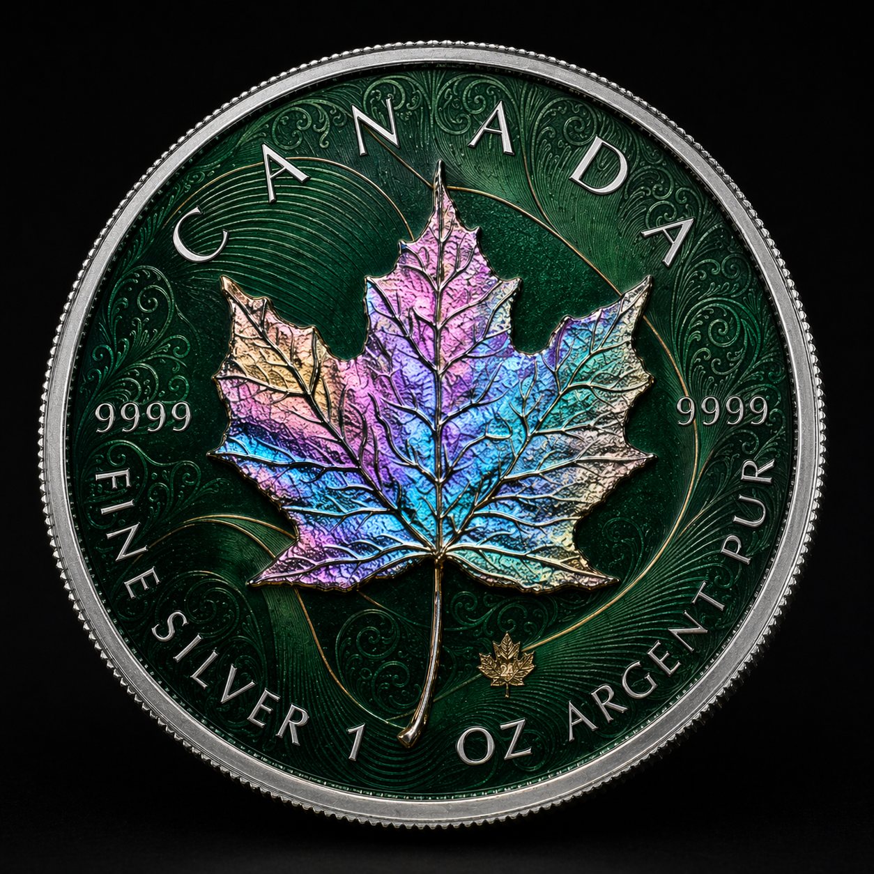 Canadian Maple Leaf coin with an iridescent holographic leaf