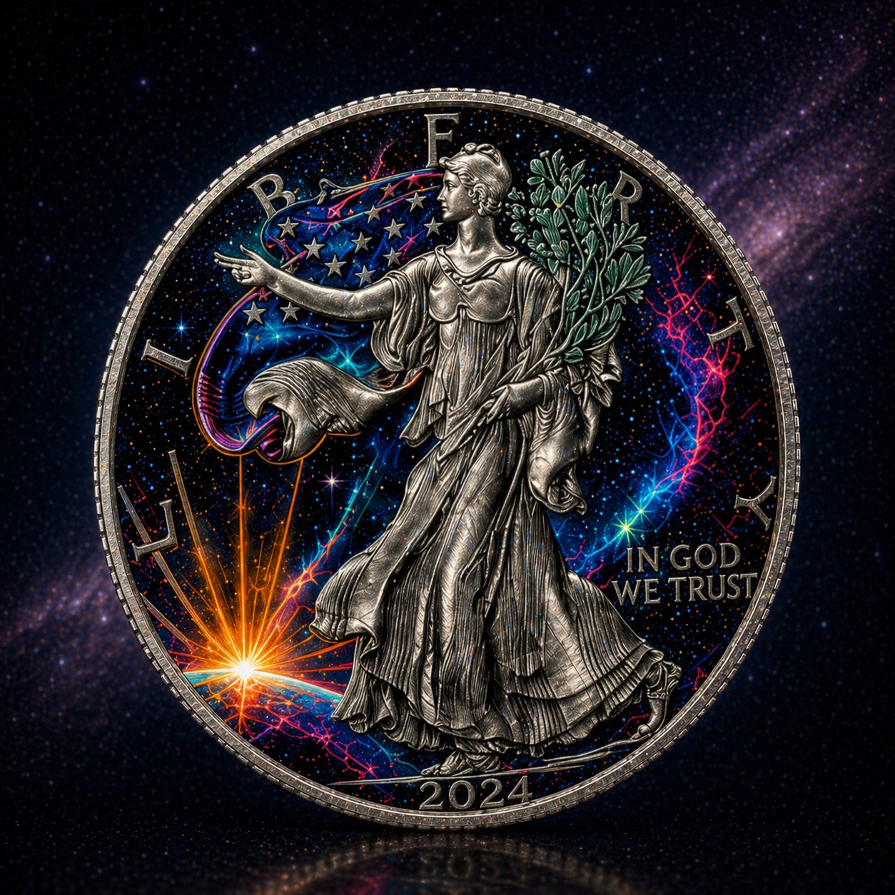 American Silver Eagle colorized with a cosmic nebula behind Liberty