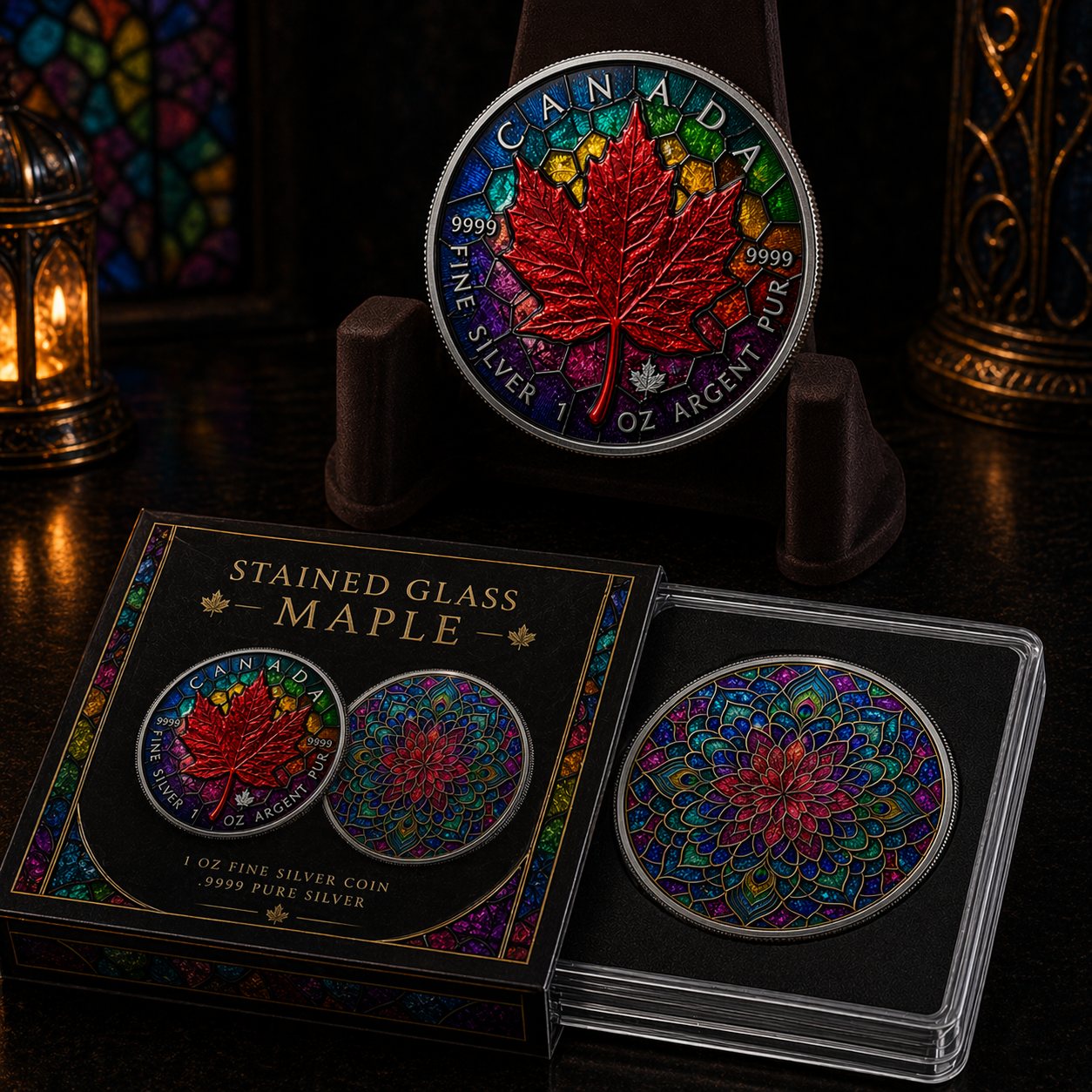 Stained Glass Maple coin and its display case with a rose window design