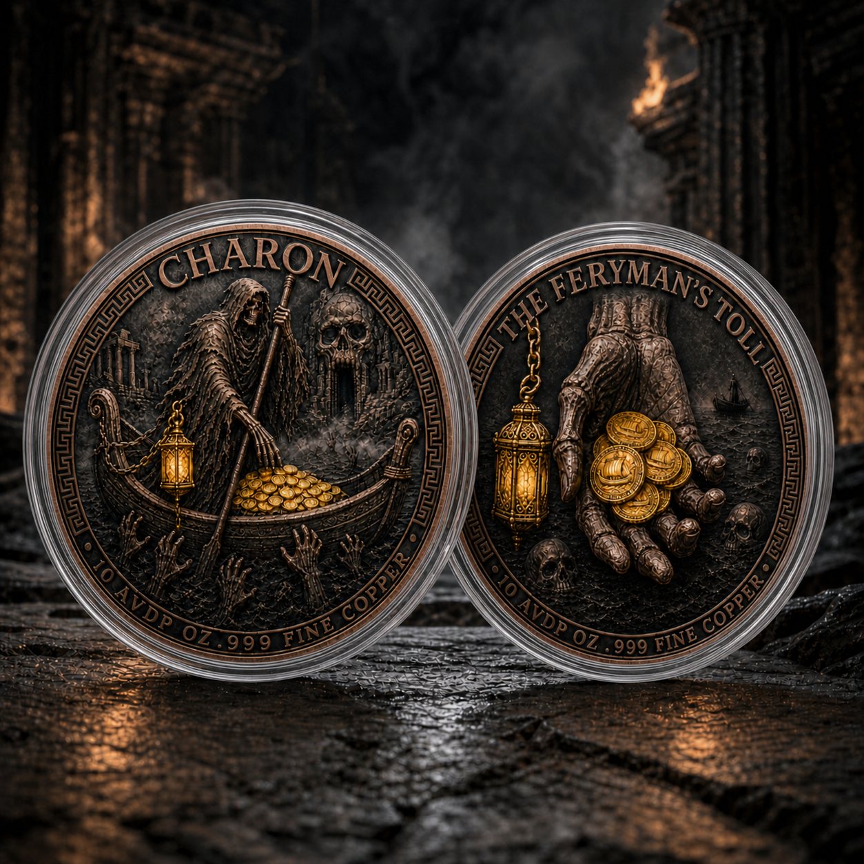 Two antiqued copper coins showing Charon the ferryman and a skeletal hand holding gold coins
