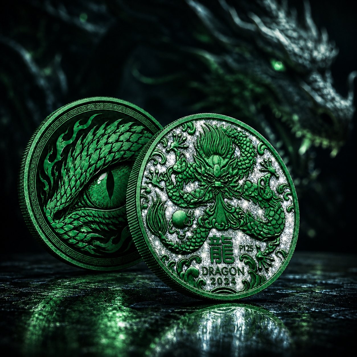 Green colorized dragon coin shown on both faces