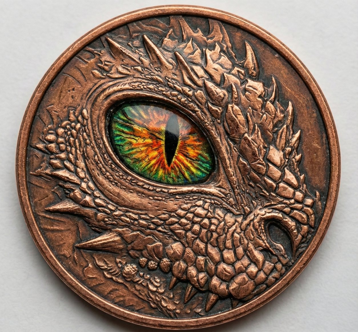 Copper round in high relief showing a dragon's eye with a colorized iris