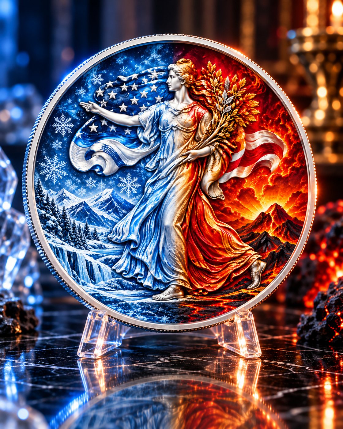 Walking Liberty coin colorized with an ice half and a fire half