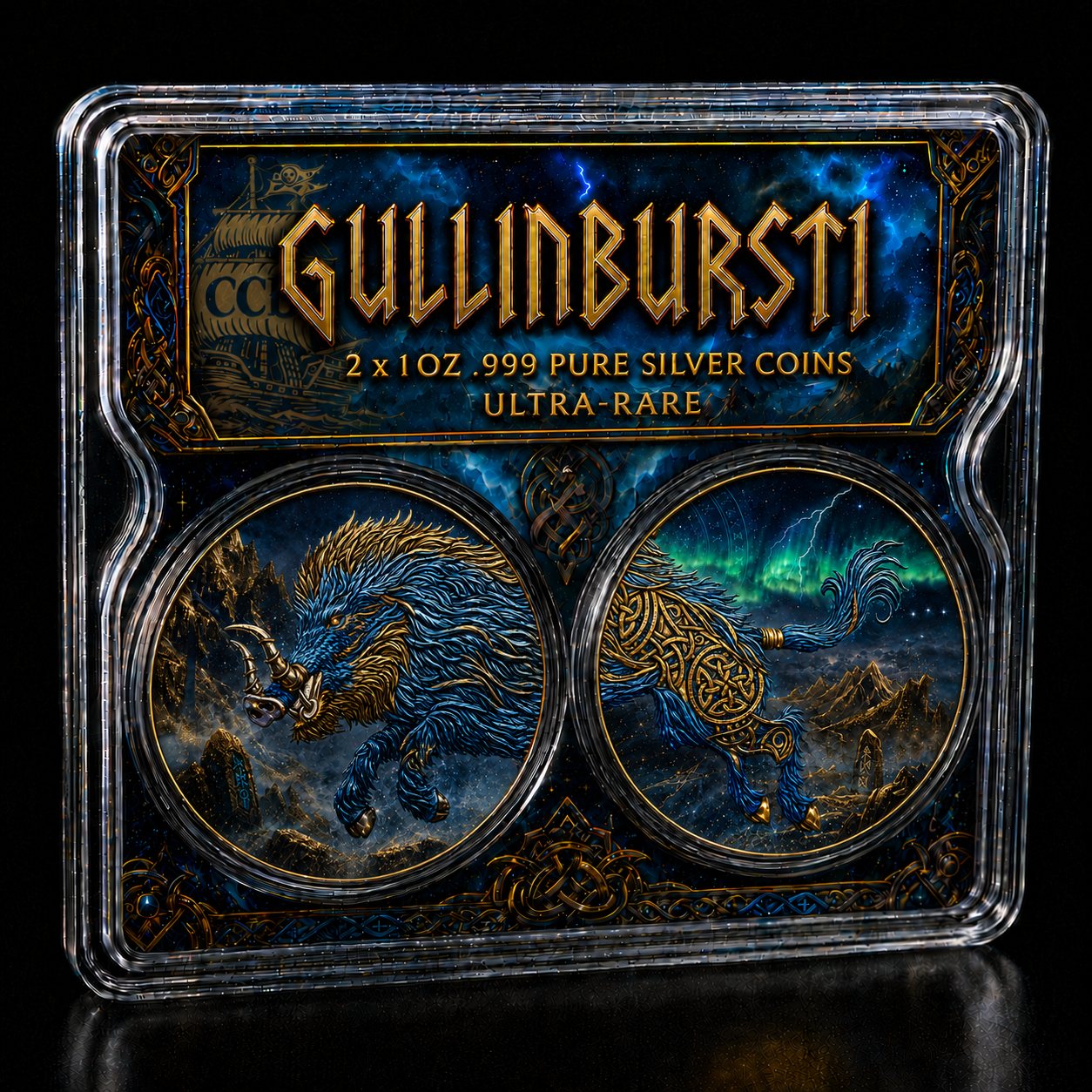 Two colorized Norse boar coins sealed in a slab with a gold-lettered label