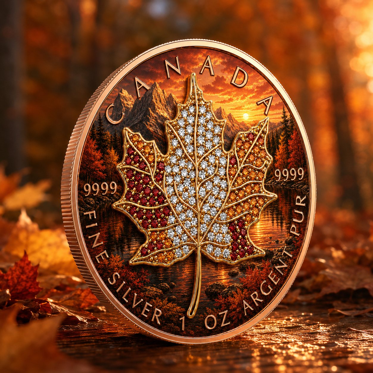 Autumn Maple Leaf coin with a gem-set orange maple against fall leaves