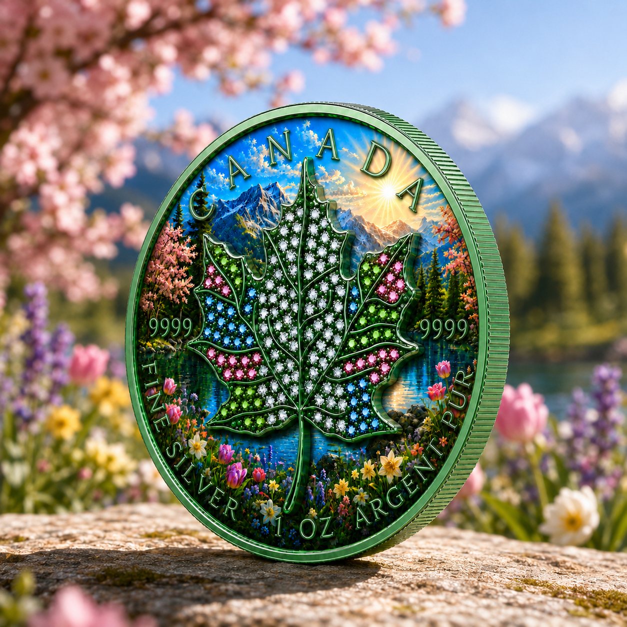 Spring Maple Leaf coin with a gem-set green maple, in a meadow