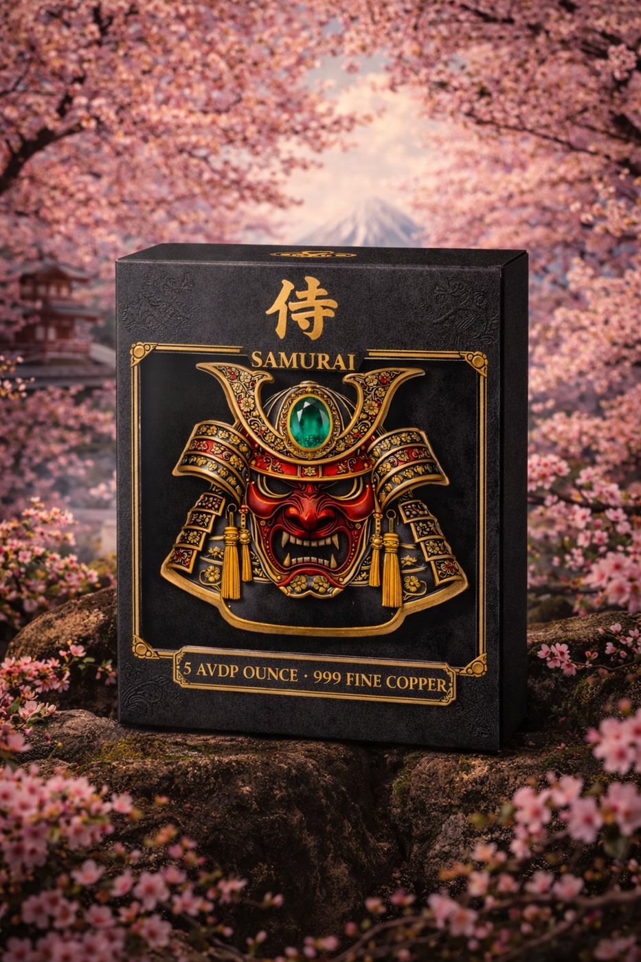 Samurai box with a red and gold kabuto helmet piece mounted in the lid