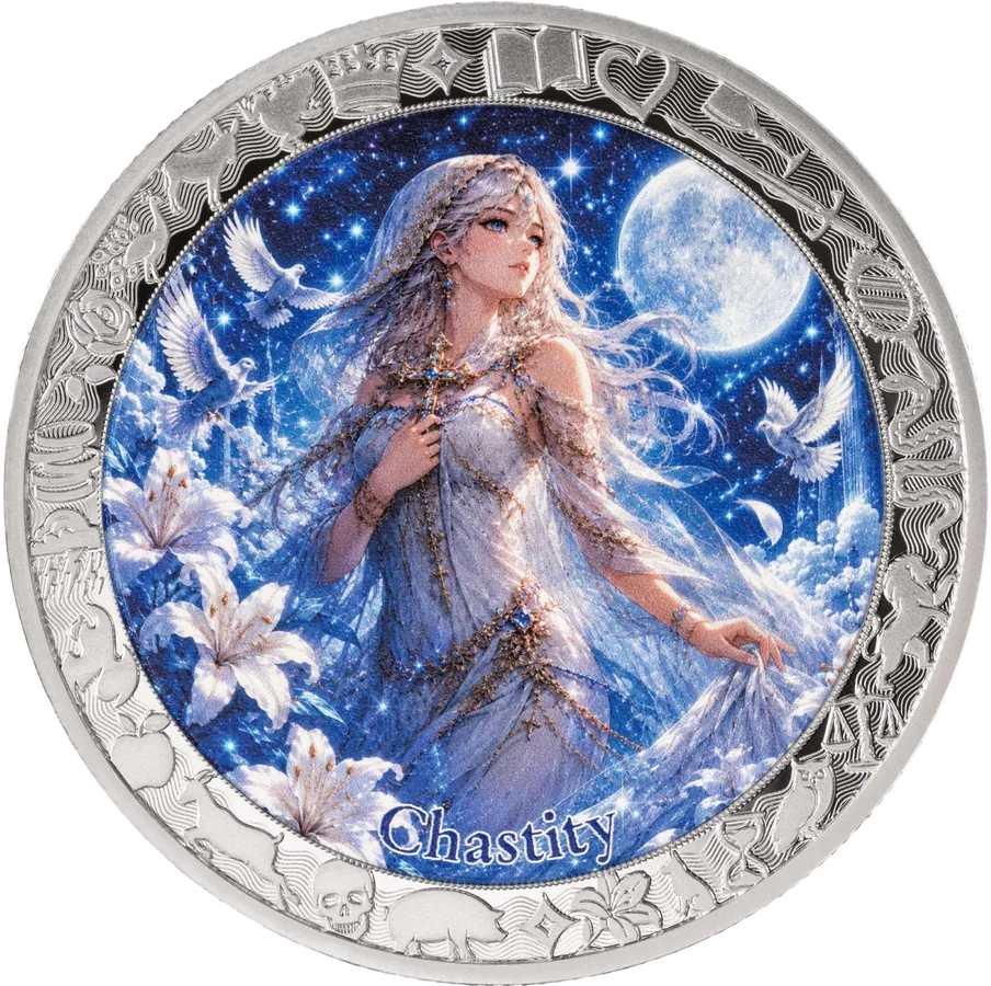 Chastity coin: a figure in white robes with doves and lilies under a pale moon