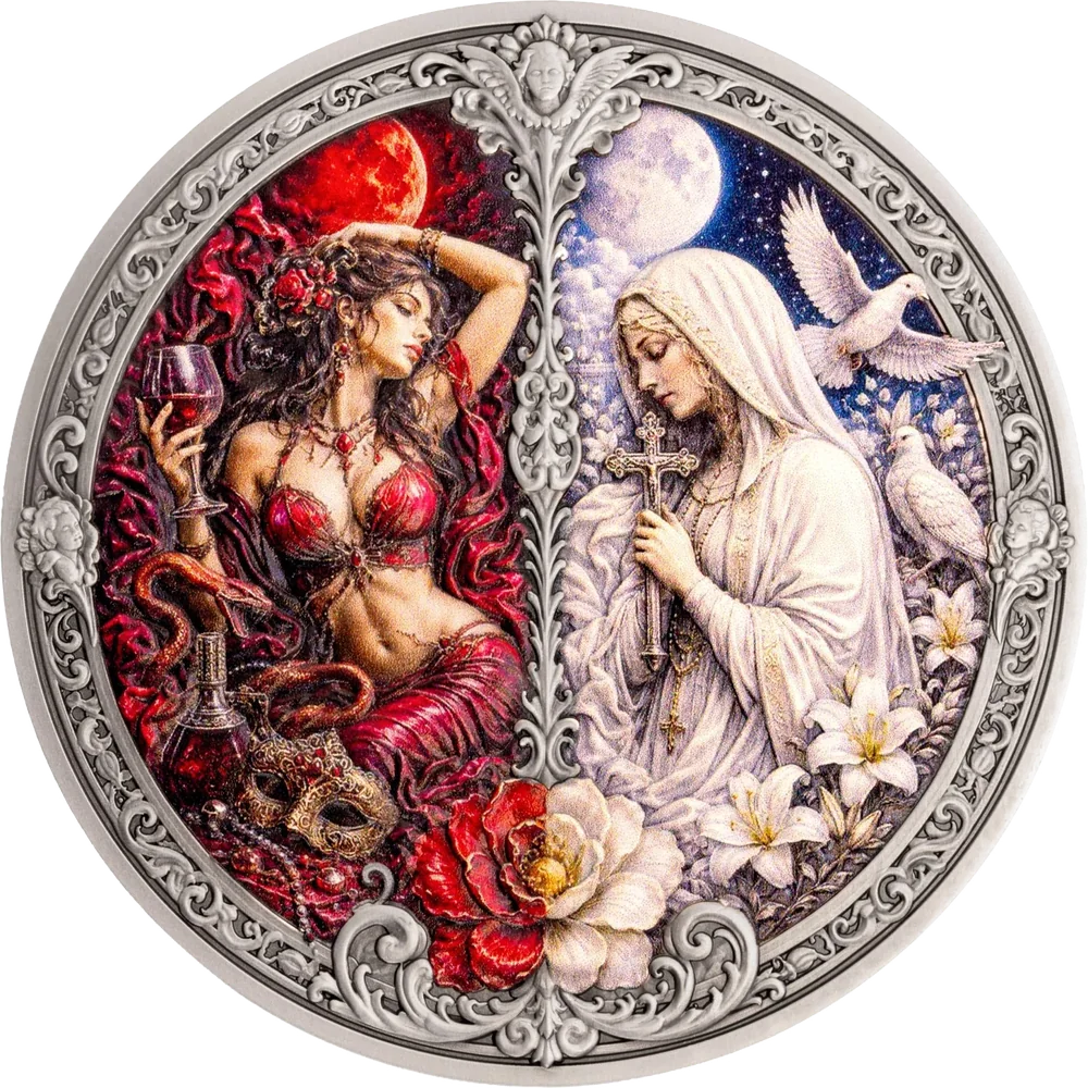Lust vs Chastity coin: both figures facing each other inside a baroque frame