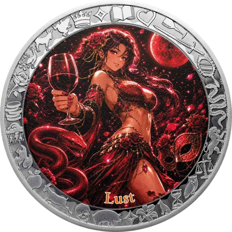 Lust coin: a figure in crimson with a wineglass, serpents and a red moon
