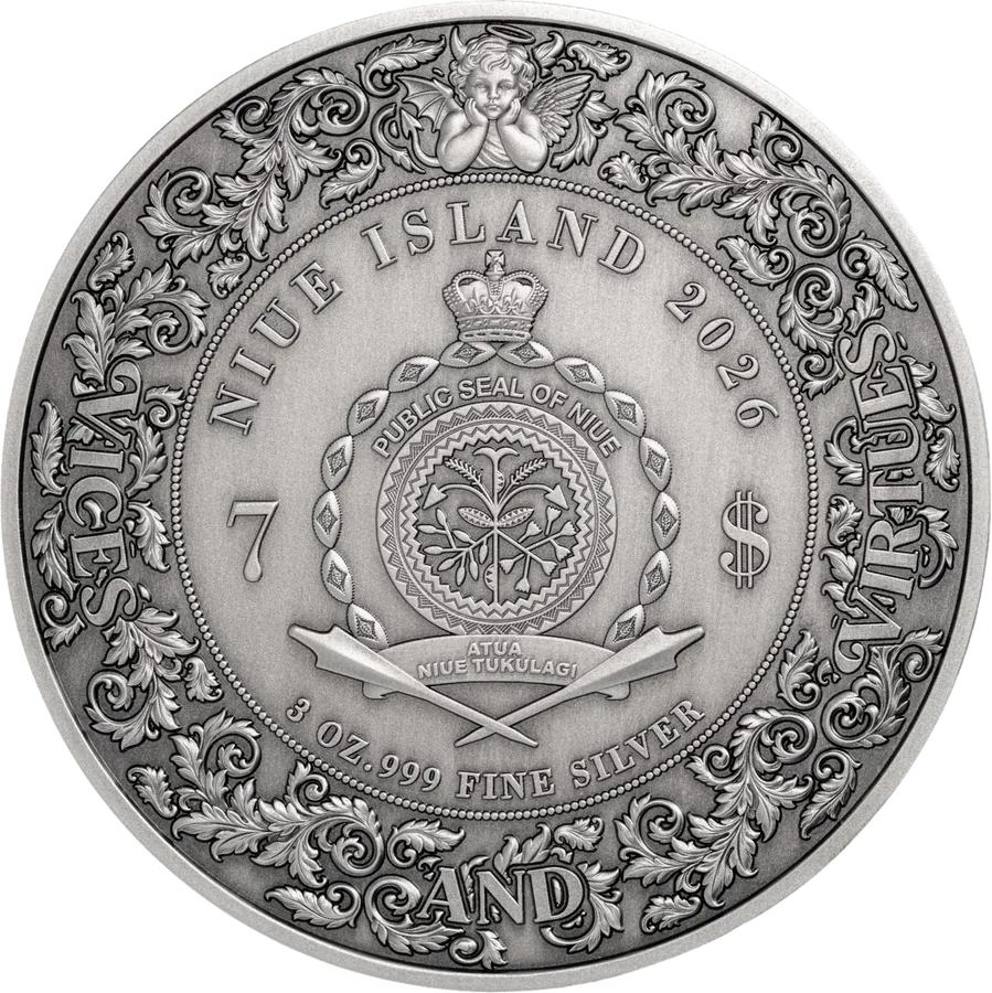 Obverse of the Lust vs Chastity coin showing the Public Seal of Niue