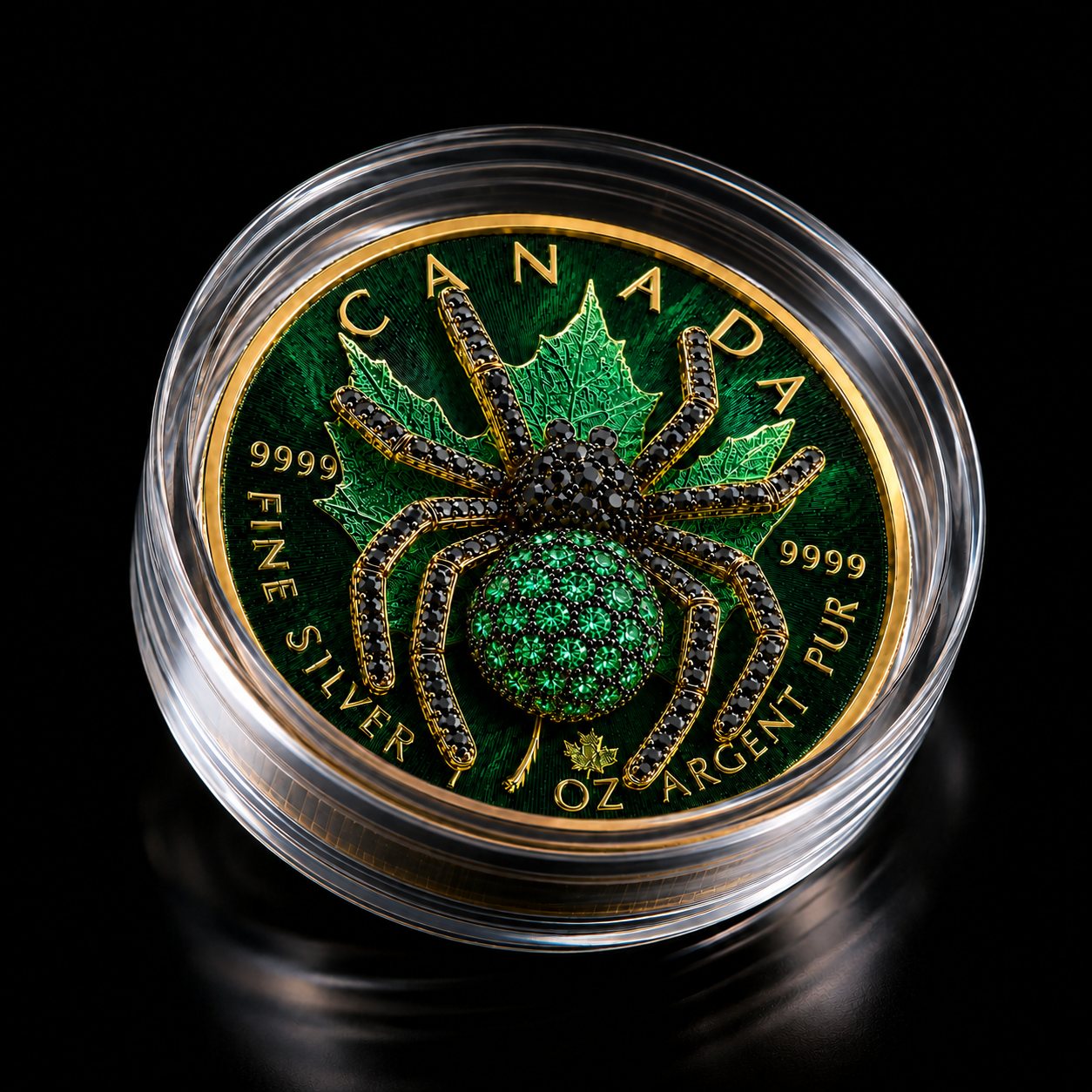 A green gem-set tarantula on a Canadian Maple Leaf coin, in a capsule